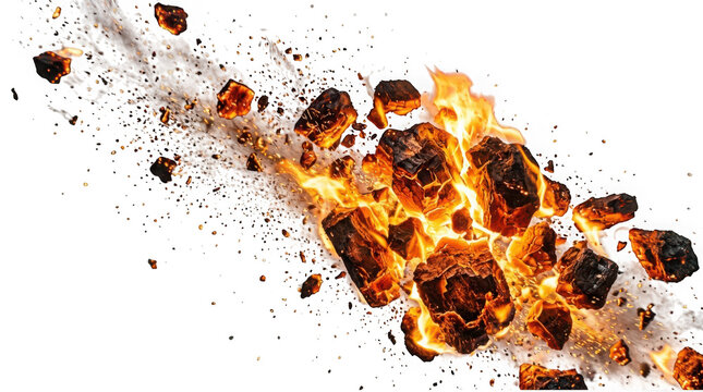 Burning charcoal pieces exploding with flames and sparks isolated on transparent background