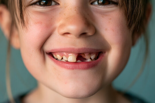 Close up of a child's gap toothed smile after losing a baby tooth