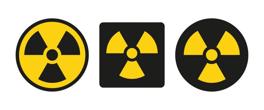 Radioactive danger symbol vector pack including circular yellow warning badges and black nuclear hazard icons for radiation, laboratory, science and security concepts.