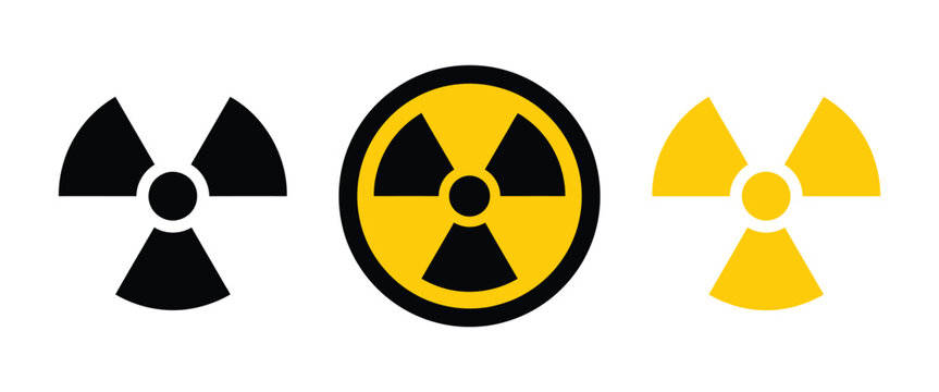 Radioactive danger symbol vector pack including circular yellow warning badges and black nuclear hazard icons for radiation, laboratory, science and security concepts.