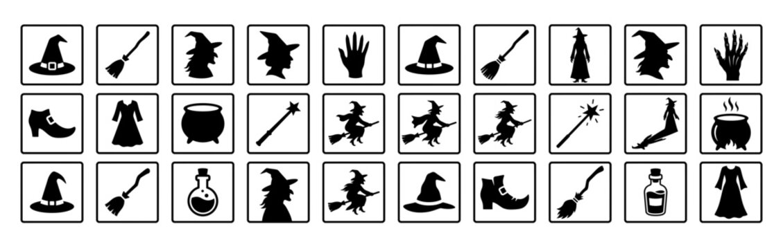 Set of black witch and wizard themed icons featuring hats brooms cauldrons wands and magical potion bottles.  Halloween design elements isolated on white background.