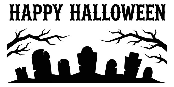 Happy halloween greeting card design with a spooky graveyard silhouette featuring tombstones and bare dead tree branches