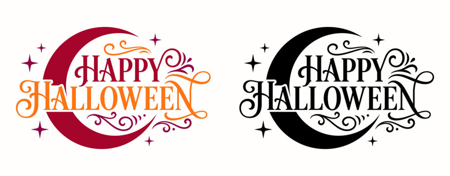 Set of two decorative happy halloween greeting card designs with crescent moon shapes and elegant swirling typography