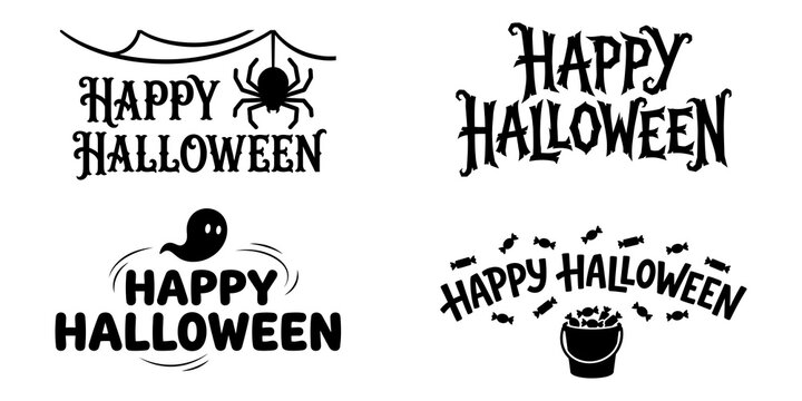 Set of four black and white happy halloween typography designs with spooky icons for holiday greeting cards