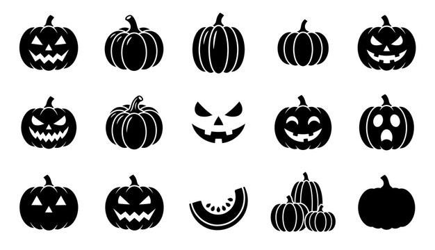 Set of black silhouette pumpkin icons for halloween design elements isolated on a white background