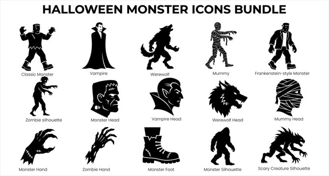 Set of black silhouette icons featuring classic halloween monsters including vampires zombies mummies and various scary creature parts