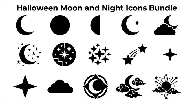 Set of black silhouette moon and night sky icons featuring stars clouds and celestial elements for design. Halloween moon and night icon bundle.
