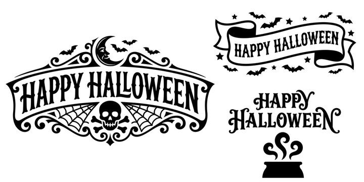 Set of three decorative happy halloween typography designs with skulls bats moon and cauldron in black and white