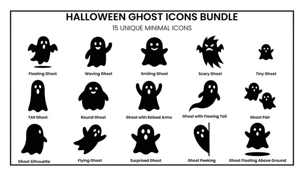 Set of fifteen unique minimal ghost icons for halloween design projects featuring various cute and scary spirit silhouettes