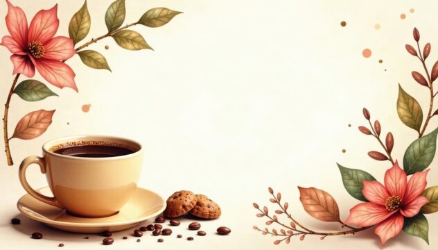 Watercolor coffee cup border, earthy tones, organic shapes, watercolor, home, stain