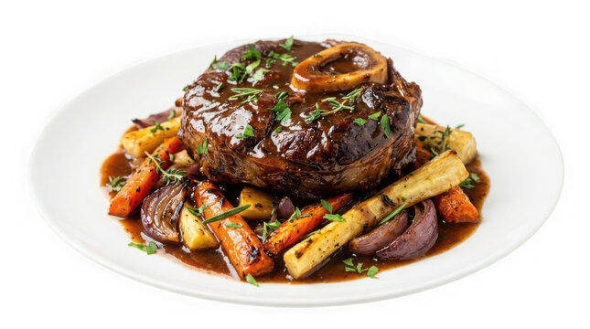 Osso buco with roasted vegetables and rich gravy isolated on transparent background