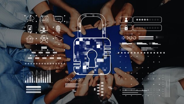Group of business professionals focused on enhancing digital security solutions, featuring hands and graphic elements illustrating cybersecurity concepts with a padlock icon. Raster