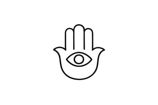 Minimalist black line vector icon of the hamsa hand featuring an inner protective eye.