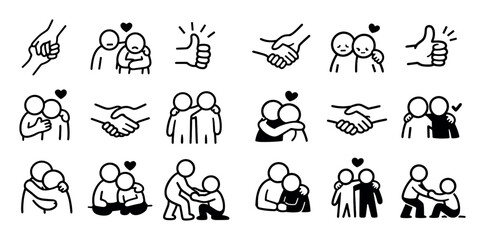 Fototapeta premium Friendship and support icon set with helping hand emotional support and caring action for presentation design in hand-drawn illustration style