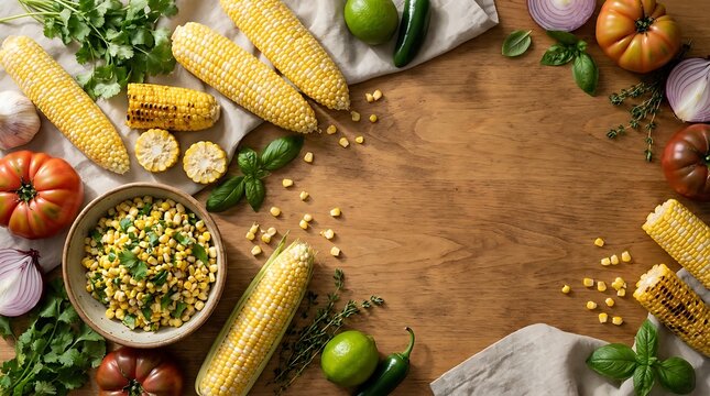 A top view flat lay of bi color sweet corn cobs alongside fresh ingredients on a rustic wooden table