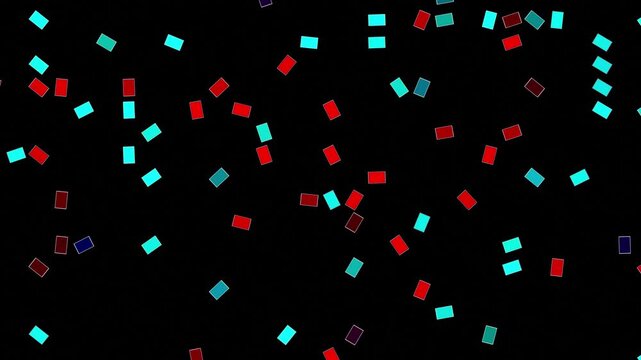 Abstract falling rectangles background, red and cyan geometric motion digital celebration confetti overlay, minimalist particle animation