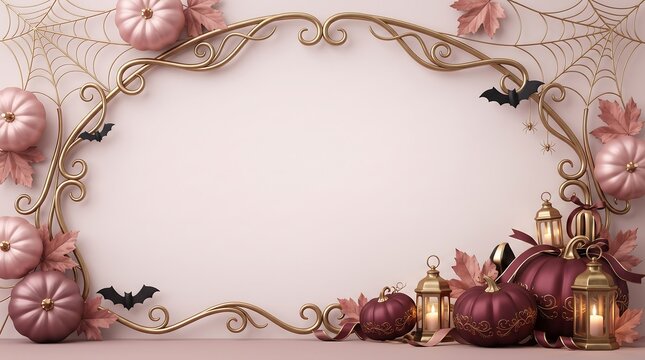 Elegant pink pumpkin halloween border background with decorative lanterns and vintage floral elements for seasonal invitations