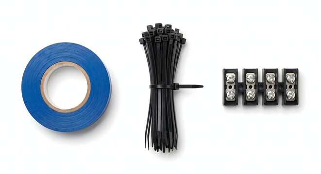 Electrical blue tape and black cable ties with terminal block set.