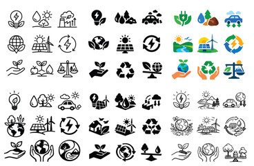 Obraz premium Ecology and renewable energy concept icons with leaf, solar panel and globe for infographic design vector art