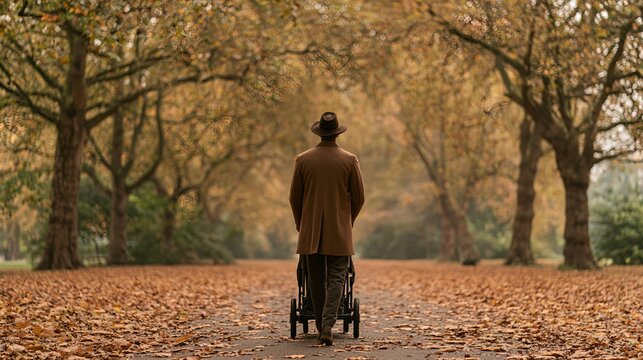 Man walking stroller down autumn park path lined with trees