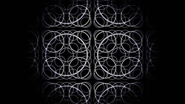Abstract geometric motion background, with glowing interlocking, circles and pulsing, light patterns in, monochrome and soft gold