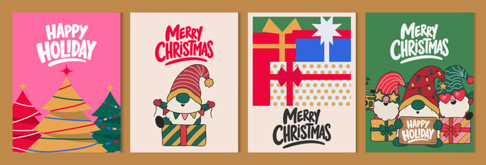 Fototapeta premium Christmas Card Collection with gnome and Holiday Ornaments, Xmas templates for greeting cards, posters, social media, seasonal branding, children's products. Playful Christmas hand-drawn style.
