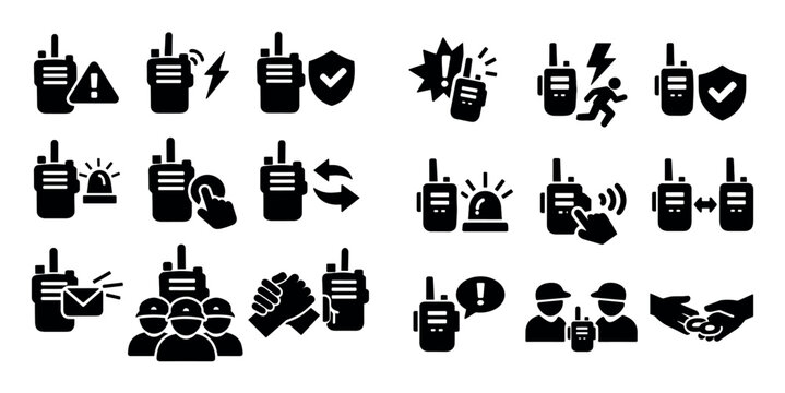 Emergency communication and safety icon set with walkie talkie rapid response and urgent message for web app design in solid black glyph style