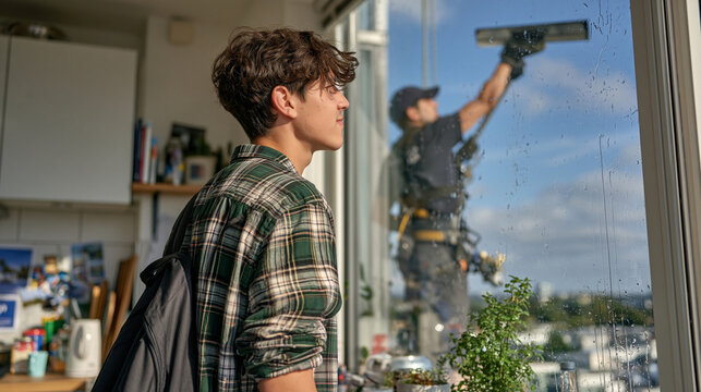A high-rise window cleaner seen from inside through squeaky wet glass, the worker's silhouette and squeegee blade visible over the shoulder of a person standing in a modest apartment kitchen, steel 