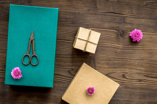 wrapping gifts in box for holiday top view mock up