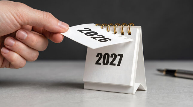Hand Flipping Desk Calendar Page from 2026 to 2027 on Office Desk