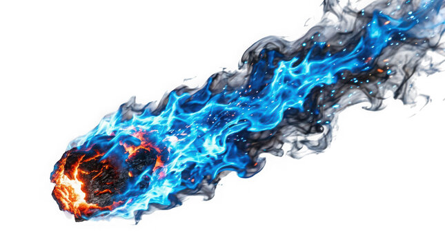 Meteorite or asteroid burning with blue flames and smoke isolated on transparent background