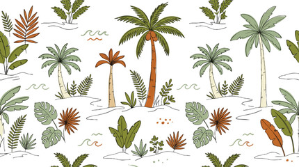 Hand drawn seamless pattern with cute tropical palm trees and exotic plants on white background © Rheyna