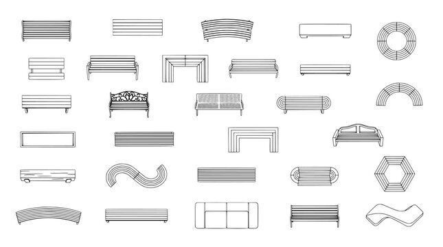 top view garden bench furniture vector set