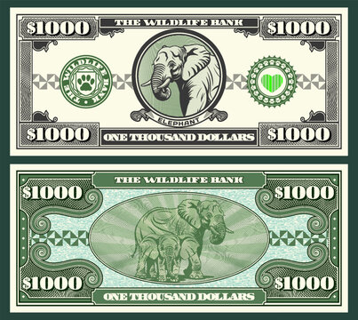 Vector banknote, flyer. 1000. Wildlife bank. One thousand dollars denomination. Obverse and reverse. Graphic elephant and baby. Symmetrical note. Play money. Zoo and fauna. Animals. Africa