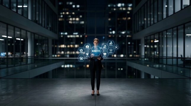Businesswoman using digital tablet with employee benefits hologram in modern office