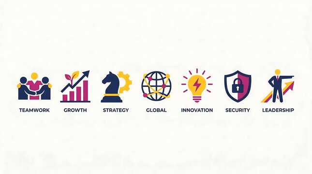 Business strategy icons showing teamwork, growth, innovation, and leadership concepts