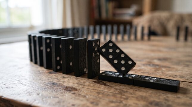 Domino effect in motion with black tiles falling on wooden surface for business concept