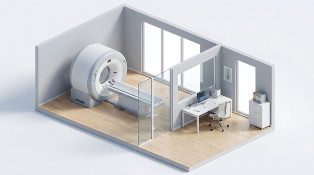 Isometric view of MRI scanner in medical room with workstation.