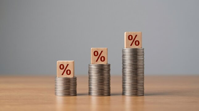 Increasing interest rate concept with wooden blocks and stacked coins