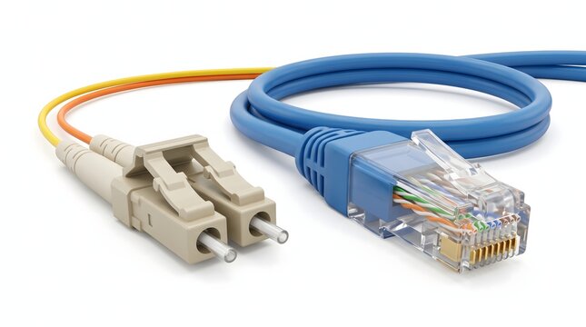 Blue ethernet network cable with orange fiber optic patch cord.