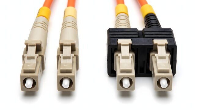 Four orange fiber optic cables with LC and SC connectors for data.