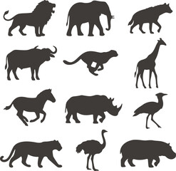 Fototapeta premium Set of dark grey African safari animal silhouettes lion elephant hyena buffalo cheetah giraffe zebra rhinoceros secretary bird leopard ostrich hippo