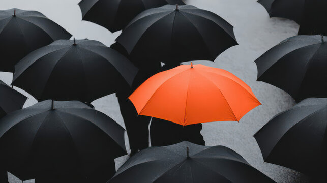 A single vibrant umbrella stands out among many black umbrellas on a rainy urban street. Cinematic lighting and wet pavement highlight individuality and leadership.
