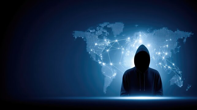 A hooded anonymous hacker stands against a glowing digital world map. Blue lighting and global data lines emphasize cybercrime threats and internet security risks.