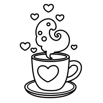 Cup on a saucer with a heart-shaped cloud bold line art  isolated on a white background