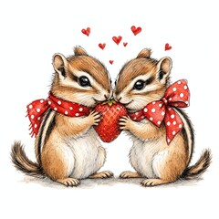 Fototapeta premium Chipmunk Pair Sharing A Strawberry Valentine Illustration