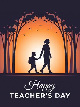 Happy Teachers Day - Silhouettes of a Teacher and Student Walking Hand in Hand at Sunset.