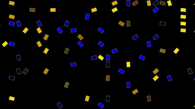 Abstract motion background, with floating blue, and gold rectangles, on black animation