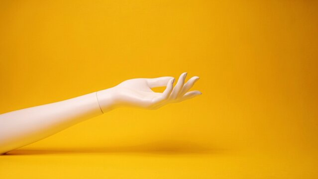 White mannequin hand reaching out against a solid yellow background