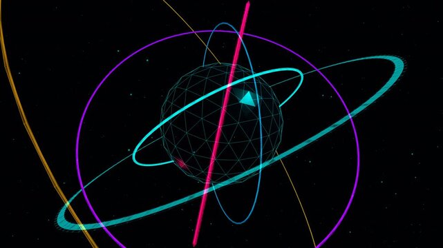 Neon Orbital Rings: An abstract 3D animation featuring a glowing wireframe data sphere surrounded by vibrant, colorful neon concentric rings expanding outward against a dark background